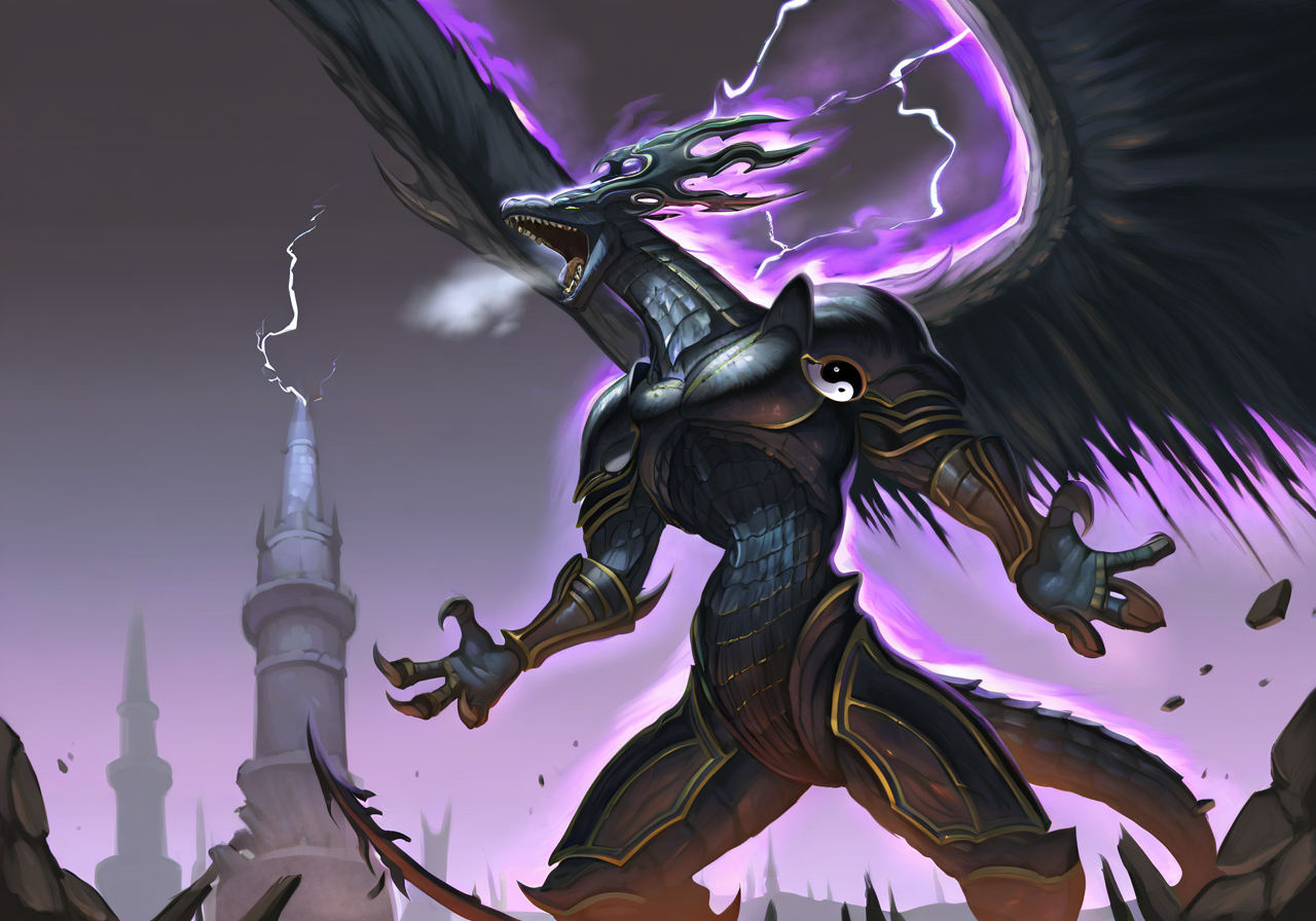 highres, best quality, masterpiece, very aesthetic, newest,epic,dark souls_(series),black lightning,tower,rubble,solo,dorugoramon,wings,horns,tail,purple aura,open mouth,teeth,cowboy shot,yellow eyes,breathing lightning, claws,yin yang, grimdark,dark fantasy,soulslike, <lora:DorugoramonIllustrious:1>