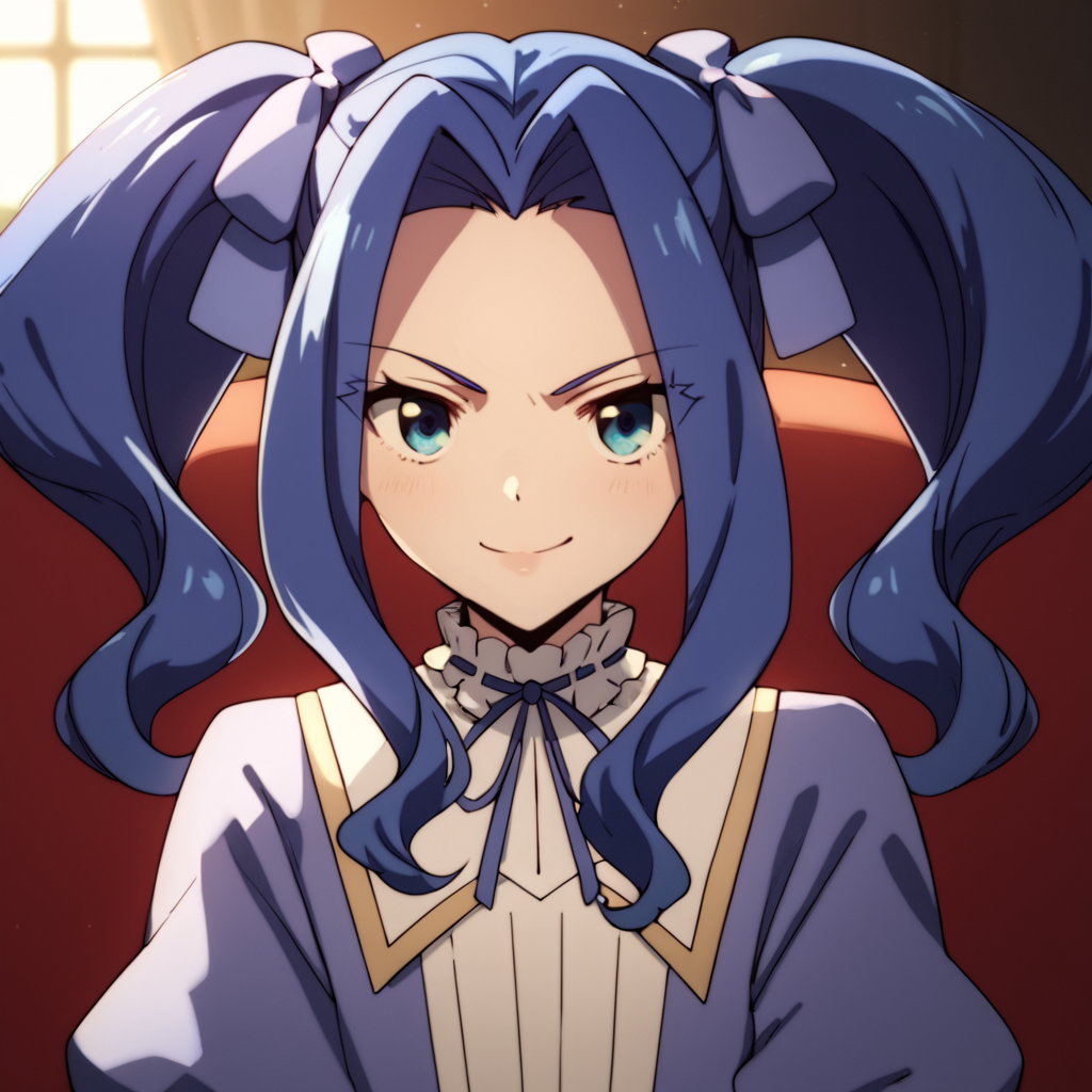 score_9, score_8_up, score_7_up, score_6_up, score_5_up, score_4_up, source_anime,  Melty, blue hair, twintails, , smirk, sitting, portrait