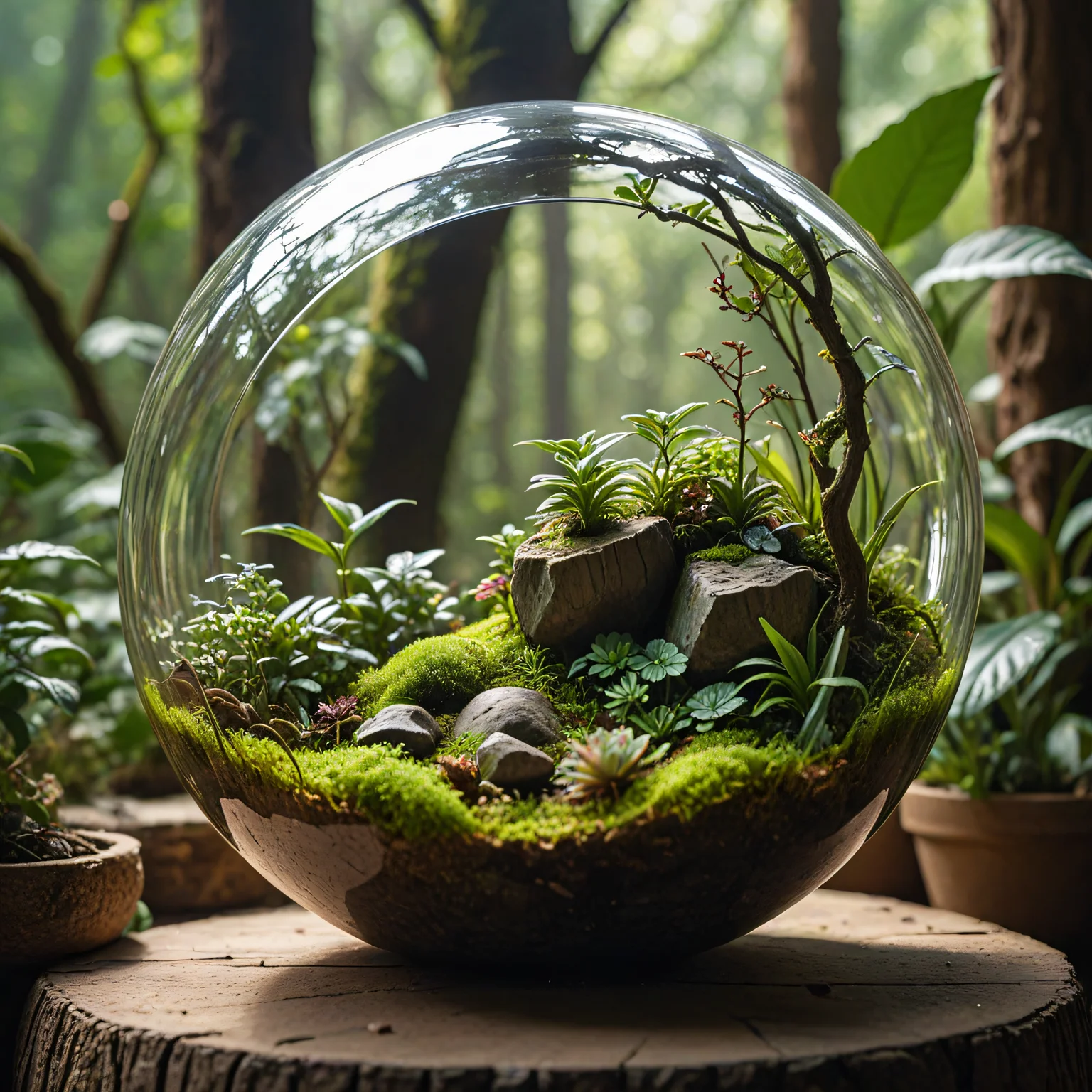 A glass sphere terrarium, inside the sphere is an earthy dense forest, dirt, boulders, and green foliage. 8k high quality detailed, soft sunlight, serene, studio color grading, shaped sphere, fantasy studio lighting, indoor background, photorealistic very attractive, ultra detailed 3D, (Very Intricate), depth of field, bokeh