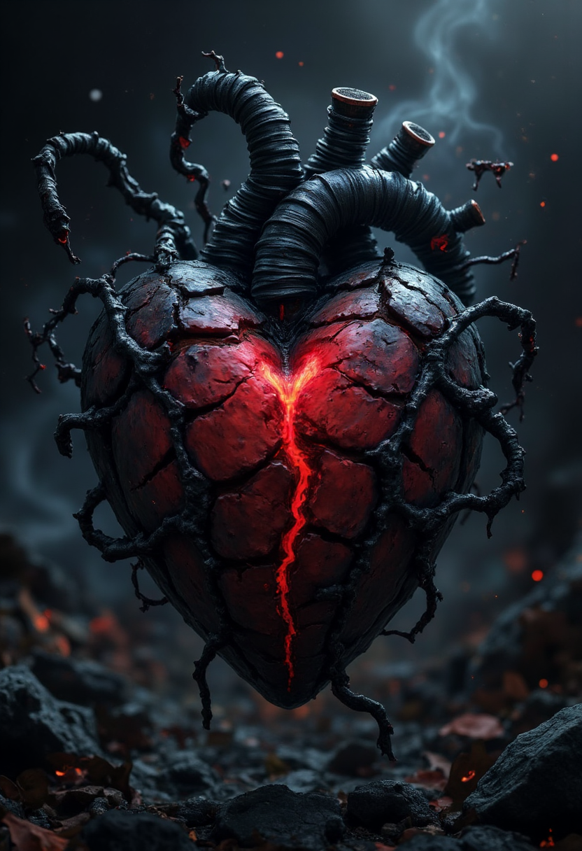 yfg-daak, Dark Fantasy Illustration style, heart with cracks and black thorny tendrils, glowing red core, spooky atmosphere, dim light, detailed surface textures, smoky wisps around the heart, dark background, subtle shadow play for depth, overall eerie and haunting look, intricate with intricate textures and vibrant colors. The scene should include a rich variety of elements, each contributing to the overall atmosphere. Lighting should be soft, diffused, and natural, enhancing the depth and realism of the scene. The mood is to be calm yet vibrant, creating a sense of serenity and wonder. Every detail in the scene should be meticulously rendered, emphasizing the contrast between light and shadow, and capturing the fine textures and subtle gradients. The color palette should be carefully chosen to evoke emotion, with each hue enhancing the aesthetic appeal of the overall composition. The final image should be immersive and captivating, drawing the viewer into its intricately detailed world.