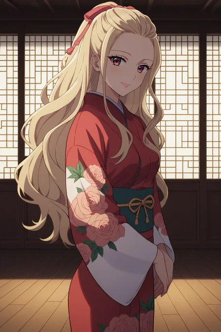 score_9, score_8_up, score_7_up, source_anime, 1girl, prefect lighting, very aesthetic, intricate details, highly detailed background, masterpiece, high quality, prefect hands, best quality, solo,
<lora:Kaya_Saimori_My_happy_marriage_V1:.85>, blonde hair, bangs pinned back, long hair, pink hair ribbon,
white kimono, floral print, red kimono, back bow,
from side, praying, standing, smile, blush, head tilt, looking at viewer,
night, nighttime, east asian architecture, dark room, bedroom, traditional bedroom, window, wooden floor, dimly lit,
(Beautiful, medium Breasts:1.2), natural breasts,