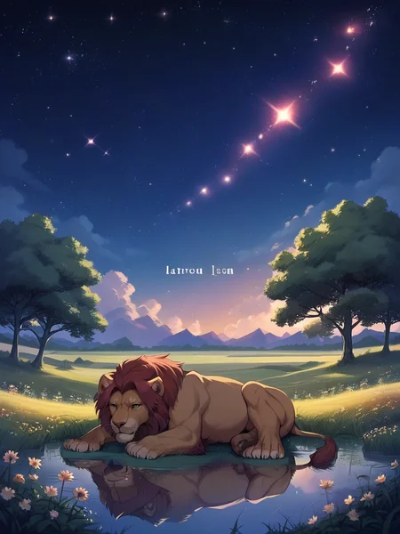 score_9, score_8_up, score_7_up, score_6_up, score_5_up, <lora:4str0XLP:0.7> 4str0, no humans, sky, outdoors, flower, star (sky), scenery, night, reflection, field, in tree, feral, lion