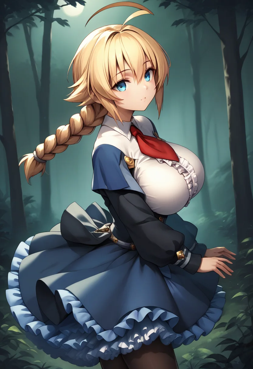 score_9, score_8_up, score_7_up, source_anime BREAK 1girl, solo, <lora:bb_es:1>, bb_es, cowboy shot, blue dress, frilled skirt, petticoat, red necktie, long sleeves, multiple belts, large breasts, black pantyhose, ahoge, blonde hair, bangs, braided ponytail, blue eyes, looking at you, forest, night, from side