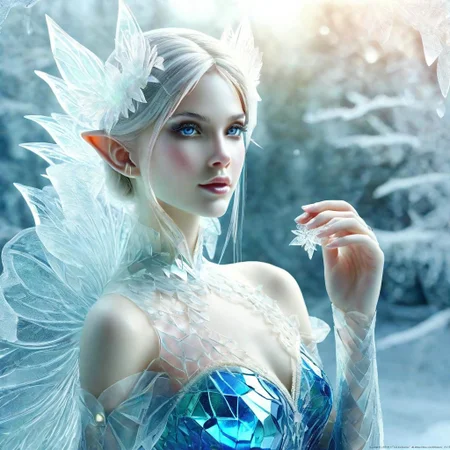 Elves, <lora:SDXLFrosted:1> FrostedStyle beautiful female Elve with Elve ears, focus on face, beautiful bright and sharp blue eyes, delicate, very colorful with many colors. blue dress made of broken glass,<lora:Made_of_pieces_broken_glass-000001:0.8>. large aperture, shallow depth of field, light foreground, dark background, dramatic lighting of face, Christmas, winter, snow flakes falling <lora:snowflakes_xl_v1:1>, Hyper-realistic. Photographic. High detail. clarity. sharp, Cinematic. 8k. HD.