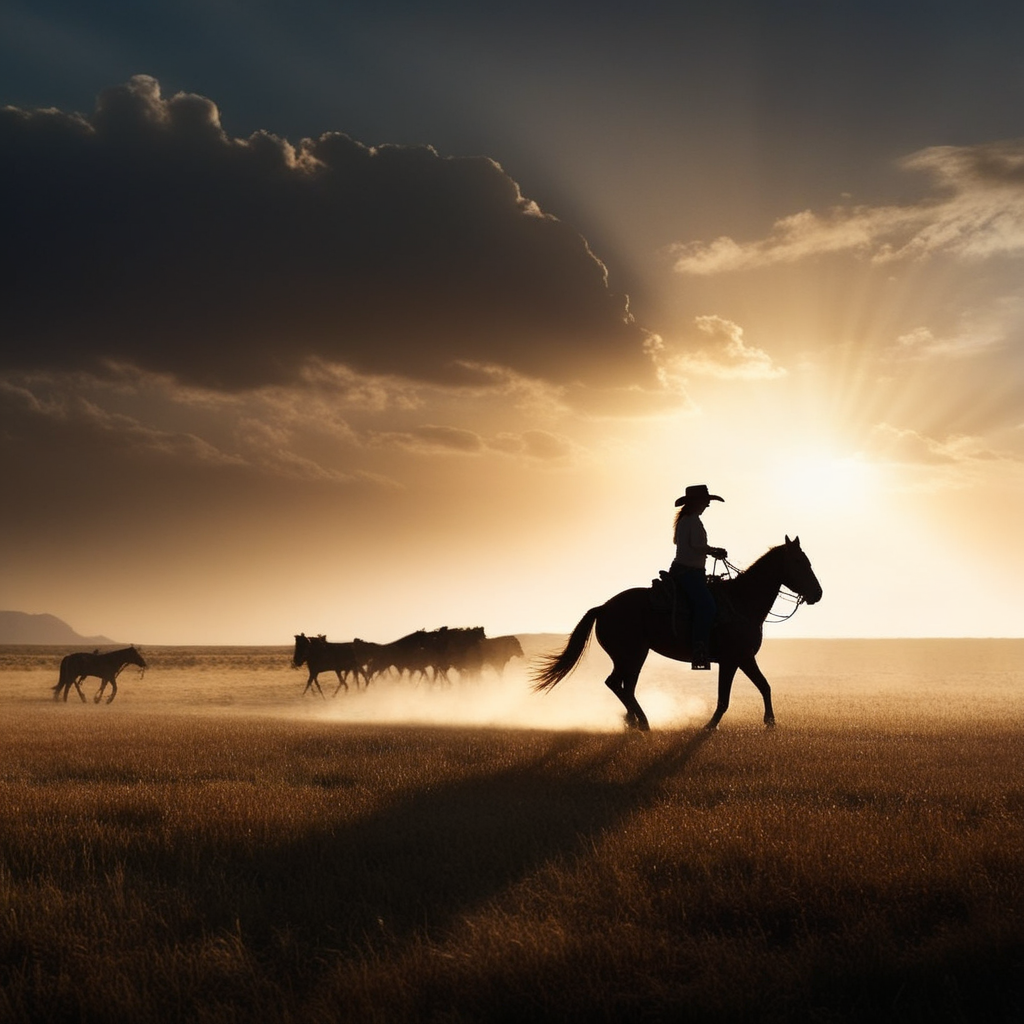 Dark Fantasy Art of <lora:Kodak Motion Picture Film:1.2>  (Sharp Detailed Image Grain)
An Oscar winning western movie for Best Cinematography a silhouette woman in a cowboy hat riding a horse in the middle of a field with sun in the background Kodak Motion Picture Film Style, dark, moody, dark fantasy style