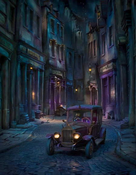 stopmotion, a Antique car in Diagon Alley landscape at Nighttime <lora:STOPMO_2.0_RC:1>