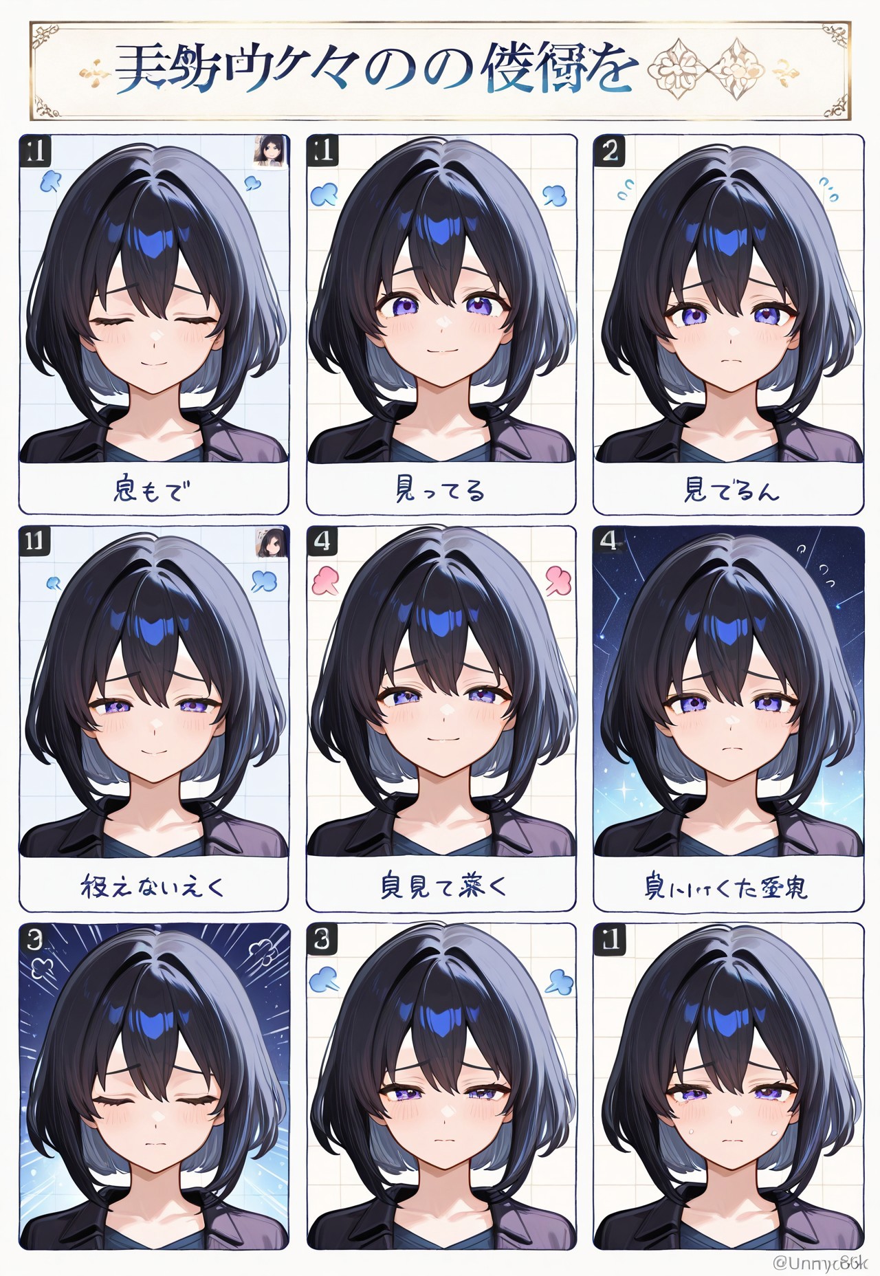 anime, solo, 1 woman,
Black hair, feature large highlight, feature double highlights, Multiple Object Background, multiples photos, multi views, smile, angry, sad, Fragment, memory, (masterpiece:1.3), best quality, high resolution, unity 8k wallpaper, (illustration:1.2), 8K,