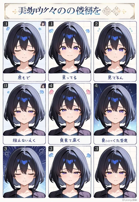 anime, solo, 1 woman,
Black hair, feature large highlight, feature double highlights, Multiple Object Background, multiples photos, multi views, smile, angry, sad, Fragment, memory, (masterpiece:1.3), best quality, high resolution, unity 8k wallpaper, (illustration:1.2), 8K,