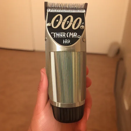 and it has a metal guard that extends upwards. Wahl hair clippers., The image is a high-resolution photograph of a vintage-style rotary electric hair clippers, indicating a plastic material. The clippers body is sleek and elongated, featuring a row of closely spaced teeth. Oster hair clippers., with a small metal lever and the brand's logo. The comb attachment is slightly bent., ribbed surface and a small