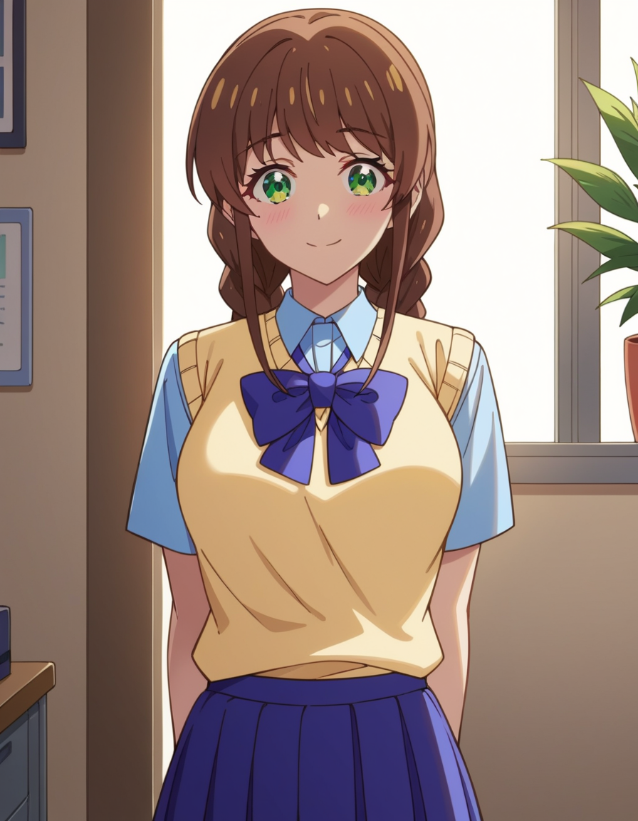 score_9, score_8_up, score_7_up, source_anime, uncensored, <lora:StS_detail_slider_v1:3>, zPDXLxxx, <lora:Shiori_Sakurazaka_PONYXL_VexVexX:1>, ShioriSakurazaka, green eyes, brown hair, braids, twin braids, long braids, long hair, bangs, hair behind ear, medium breasts, school uniform, blue skirt, blue shirt, short sleeves, collared shirt, blue bowtie, sweater vest, yellow vest, cowboy shot, bedroom, from front, standing, hands behind back, looking at view, thighs, smile,