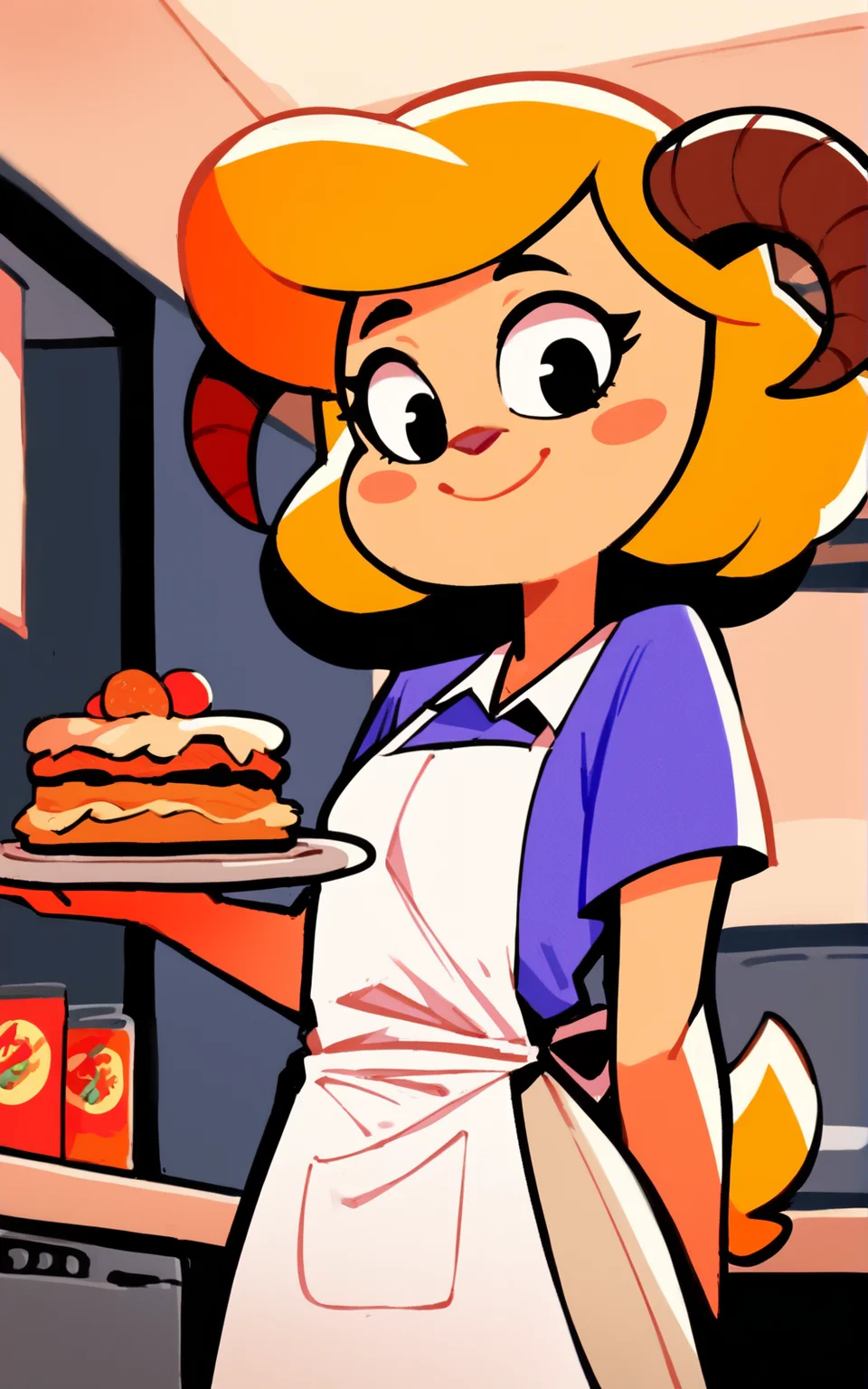 score_9, score_8_up, score_7_up,((best quality)), absurdres, <lora:BolivanteStyle:0.8>, <lora:CCAWGPXL:0.8>,skirt, blonde hair, shirt, tail,short sleeves, horns, black eyes, blush stickers,furry female, purple shirt, closed mouth,brown horns,sheep horns,apron, food tray, smile,inside, home