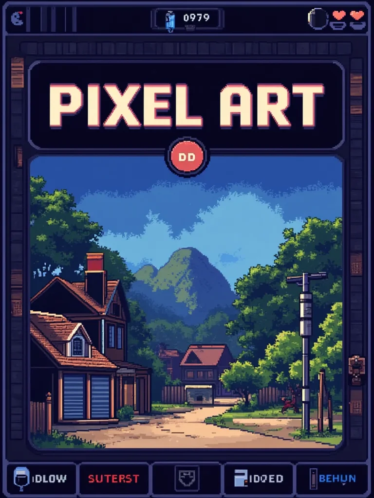 A pixel art poster for marketing. The poster main text reads: "Pixel Art". Under the main text, a small badge text reads: "DD". In the background is a 2D sidescrolling game. Designed by a genius and given to the common folk on the internet.<lora:General Flux\darkdescent-pixel-art.safetensors:0.9:1.0>