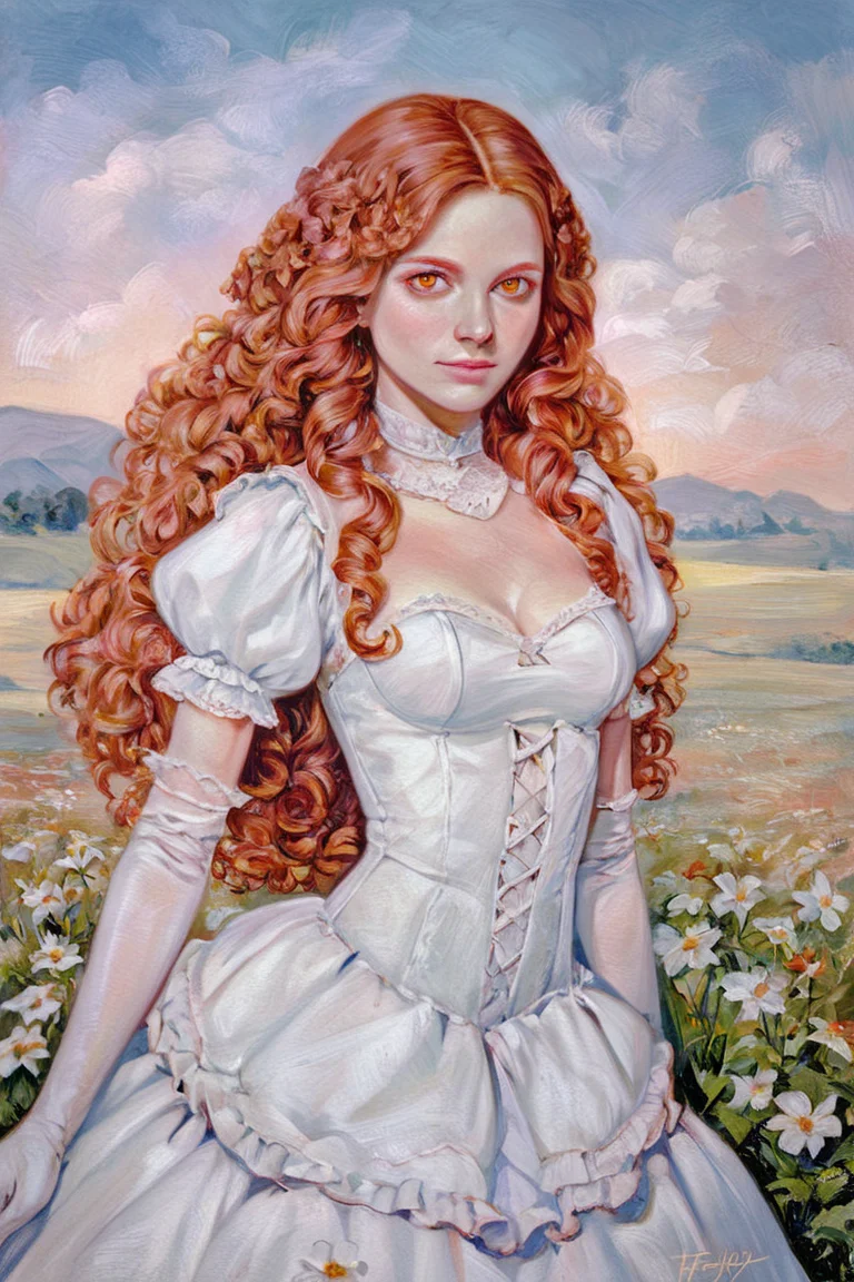 score_9, score_8_up, score_7_up, rating_safe, painterly, traditional media, realistic, 1girl, solo, long hair, curly hair, wavy hair, orange hair, orange eyes, looking at viewer, breasts, dress, white dress, puffy sleeves, puffy short sleeves, short sleeves, gloves, elbow gloves, white gloves, cowboy shot, closed mouth, standing, outdoors, field, flower, grass, plant, sky <lora:Dream Painting Style [LoRA] - Pony V6 XL:0.7>