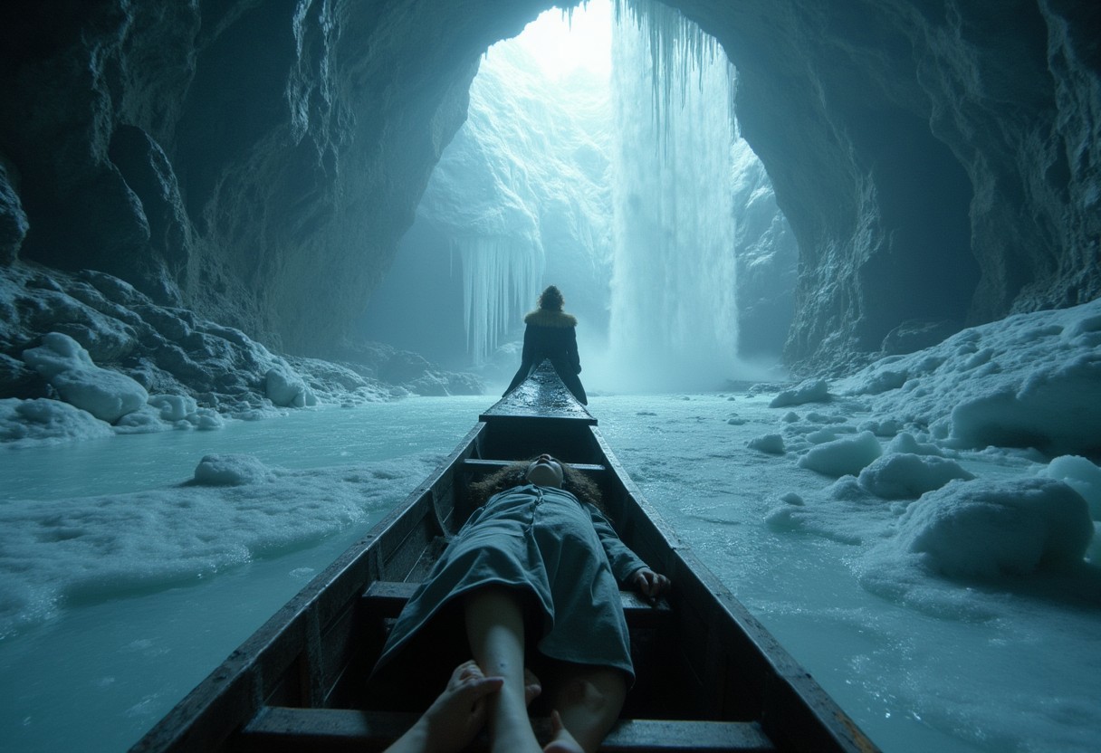 First-person view from a shivering pilgrim’s position in a ceremonial iceboat, bare feet slipping on frost-slick wood.  Next to the bare feet is a corpse of a fine beautiful young woman lie down facing viewer, Next to the corpse in the back is a girl in fur coat view from her back where hafl of her face turn lef showing her facial profile view, The camera spins as you pass a frozen waterfall in the middleground creating a frame with hanging icicles in the foreground, while the reflection of a sacred cave’s entrance shimmers in a frost-encrusted amulet. A sudden roar reveals the waterfall collapsing, mirrored in the amulet’s facets. Twist: The icefall crushes the boat’s stern, forcing you to crawl across tilting debris, while the shattering ice blooms like spiderwebs.