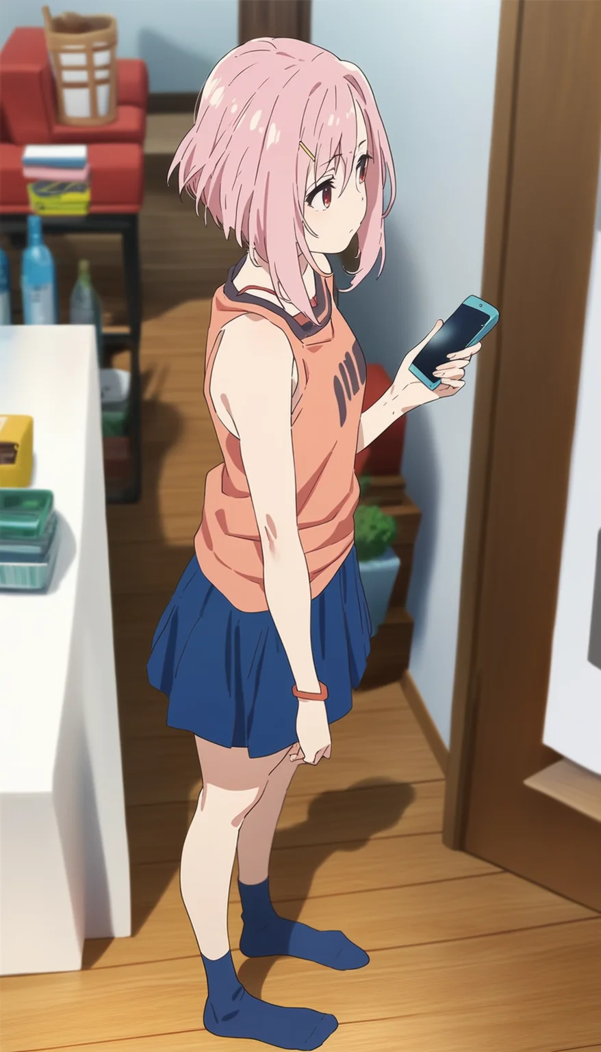 score_9,score_8_up,score_7_up,
<lora:yoshinokoharu>,yoshinokoharu,
1girl,solo,pink hair,short hair,bangs,red eyes,looking to the side,orange tank top,blue pleated skirt,deep blue socks,full body,facing aside,from above,standing,phone call,left hand holding a bottle,indoors,wooden floor,living room,