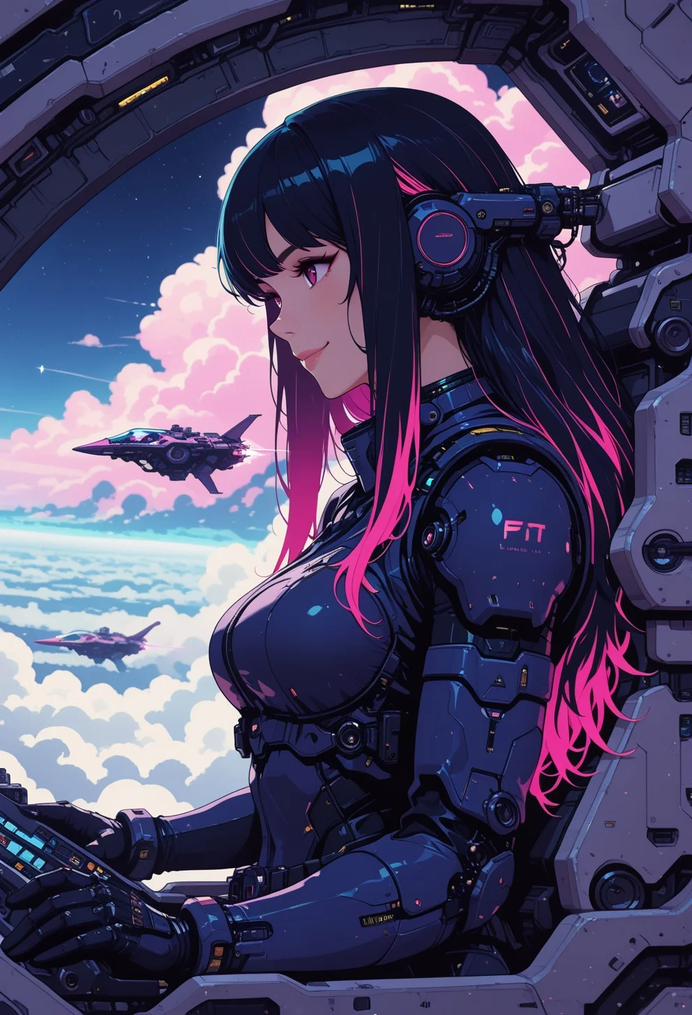 <lora:ck-nc-cyberpunk-IL-000011:0.3>, masterpiece, best quality, good quality, very aesthetic, absurdres, newest, 8K, depth of field, focused subject, epic, from side, science-fiction, 1girl, sci-fi, fyling, inside cockpit, spaceship, above clouds, smile, neon hair, long hair, dynamic angle, in the style of cknc, in the style of ck-rw
<lora:MoriiMee_Gothic_Niji_Style_Illustrious_r1:0.5>
<lora:ck-neon-retrowave-IL:0.8>
<lora:ck-shadow-circuit-IL:0.6>
