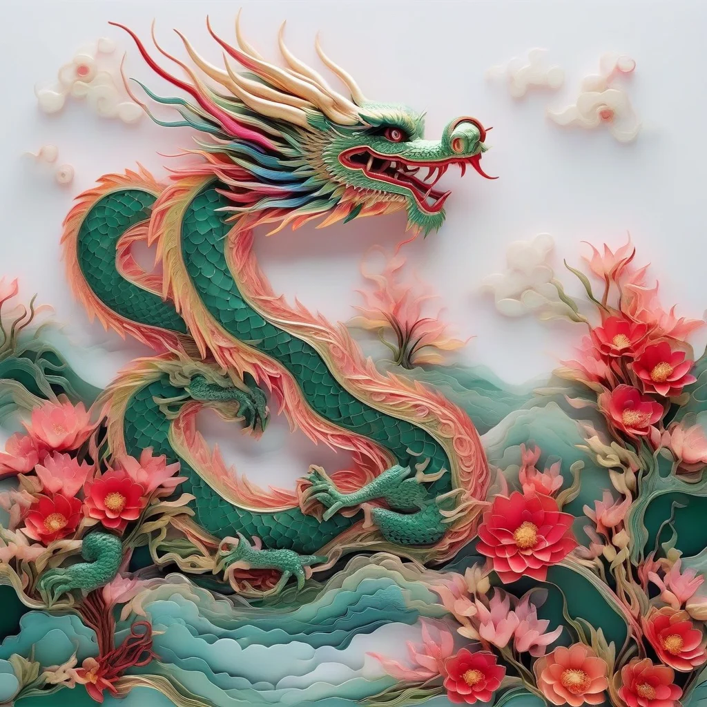 an image of red and green chinese dragon ,river,hill, cloud,flowers ,paper quilling art <lora:20240205_spring_dragon_checkpoint-4000:1.0>