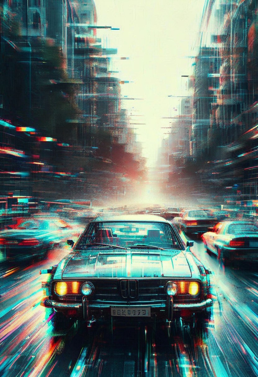 masterpiece, best quality ,amazing quality, very aesthetic, high resolution, ultra-detailed, absurdres, newest, scenery, depth of field, scenery, volumetric lighting, beautiful, 
alien, full body, 
glitch, flickering, digital, glitch style, car