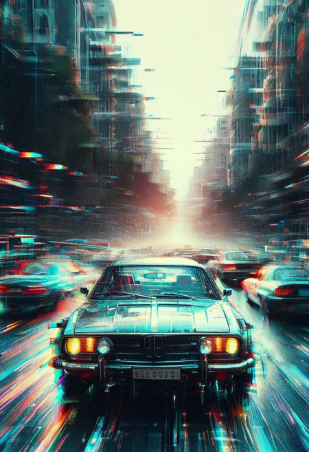 masterpiece, best quality ,amazing quality, very aesthetic, high resolution, ultra-detailed, absurdres, newest, scenery, depth of field, scenery, volumetric lighting, beautiful, 
alien, full body, 
glitch, flickering, digital, glitch style, car