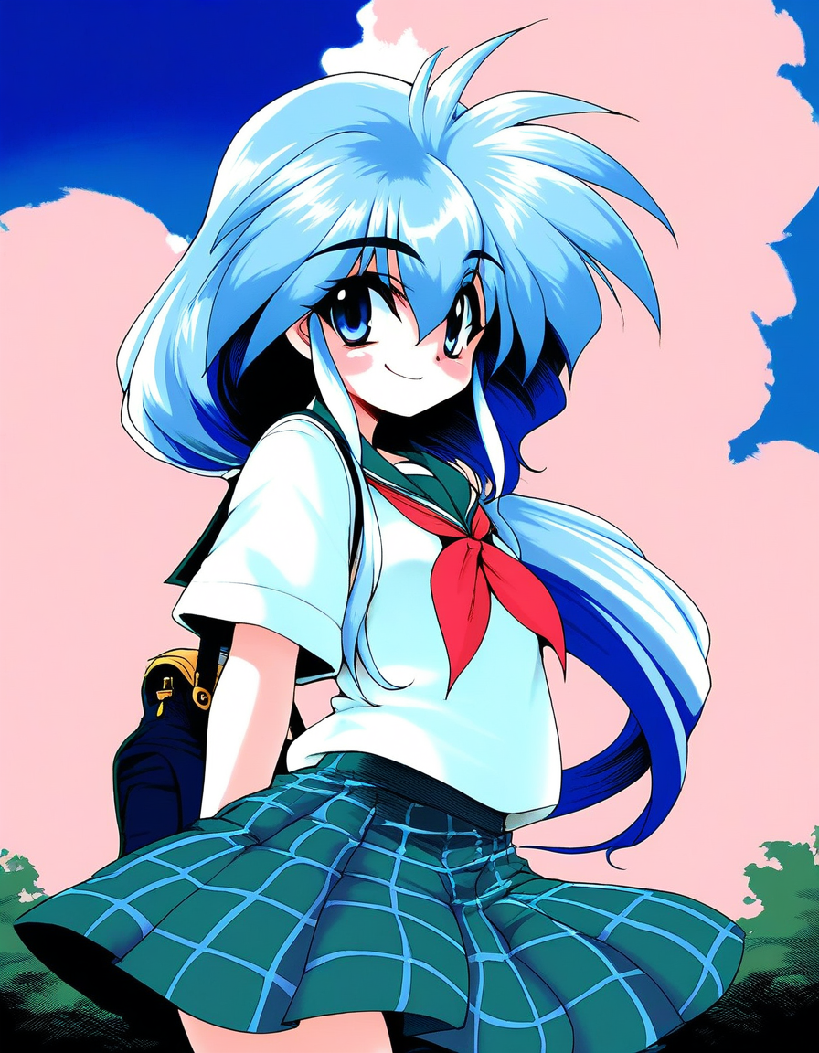 score_9, score_8_up, score_7_up, source_anime, rating_explicit, BREAK  <lora:Ryuho_QOD_XL:1> Ryuho_QOD, light blue hair,  blue eyes,  long hair, small breasts,  two-tone hair,  1990s \(style\), low ponytail,
school uniform, checked skirt, 
outdoor, sky,
smile,
looking at viewer, 
cowboyShot,