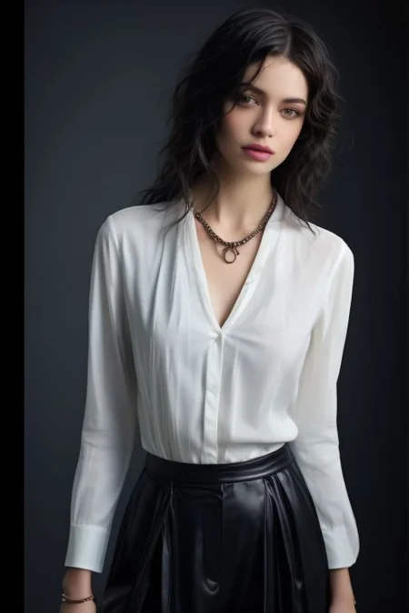 masterpiece,best quality,ultra_detailed,<lora:ArmaniSD:0.7><lora:BellissimaSD1.0:0.7> bellissima , dark background, 1girl wearing a white collared shirt, collared shirt, black pants, bla, chain necklace, Armani style, realistic, fashion, cowboy shot,by Ellen von Unwerth