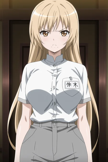 anime screencap, anime coloring, detailed face, masterpiece, best quality, very aesthetic, absurdres, volumetric lighting, official style, amazing quality, ultra detailed, highres, amazing quality, scenery, beautiful detailed hair, beautiful detailed eyes,
<lora:Rin_x_Sen_+_Ran-Sem:1>
Riko cult outfit, Riko Ichinose (character), 1girl, solo, long hair, breasts, brown eyes, uniform, large breasts, brown hair, name tag, blonde hair, pants, dark gray button up shirt, dark gray pants, looking at the viewer, angry face, angry girl, mole under mouth, cowboy shot