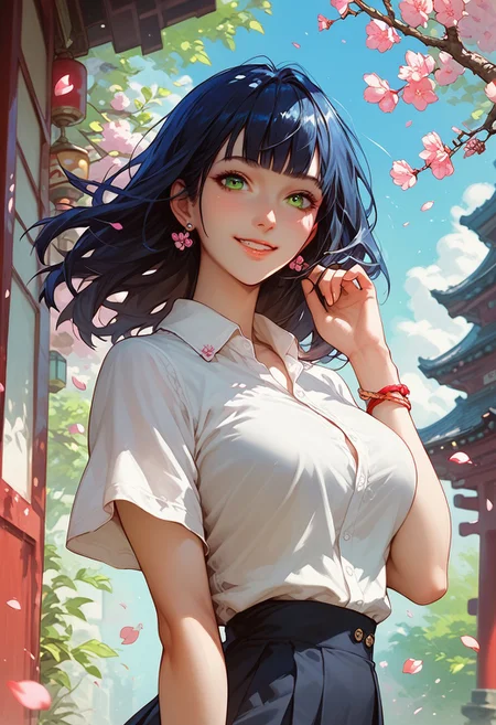 score_9, score_8_up, score_7_up, score_6_up, score_5_up, score_4_up, 1girl, (score_9, score_8_up:1.1), long straight hair, (dark blue hair:1.5), blunt bangs, (green eyes), voluptuous, pale skin, smiling, sexual smile, cherry blossoms, petals, jewelry, spring \(season\), standing, branch, looking at viewer, earrings, shirt, short sleeves, white shirt, falling petals, pink flower, bracelet, hand up, hanami, wind, outdoors, flower