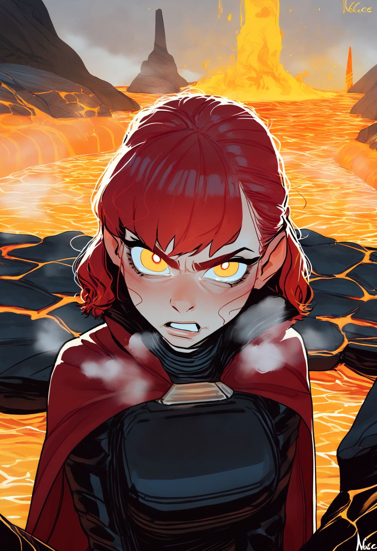 score_9_up, source_ anime, ratatatat74_style, incase_style,1girl, furious,yellow eyes, looking at viewer, red hair,  medium hair,  black vest, red cape, underground, lava, breathing fire,