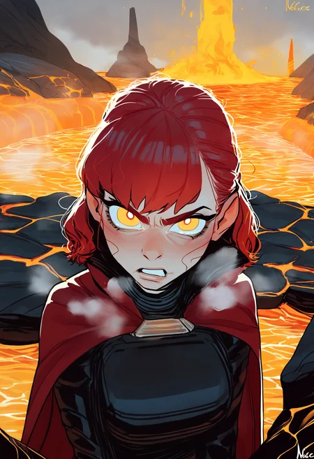 score_9_up, source_ anime, ratatatat74_style, incase_style,1girl, furious,yellow eyes, looking at viewer, red hair, medium hair, black vest, red cape, underground, lava, breathing fire,