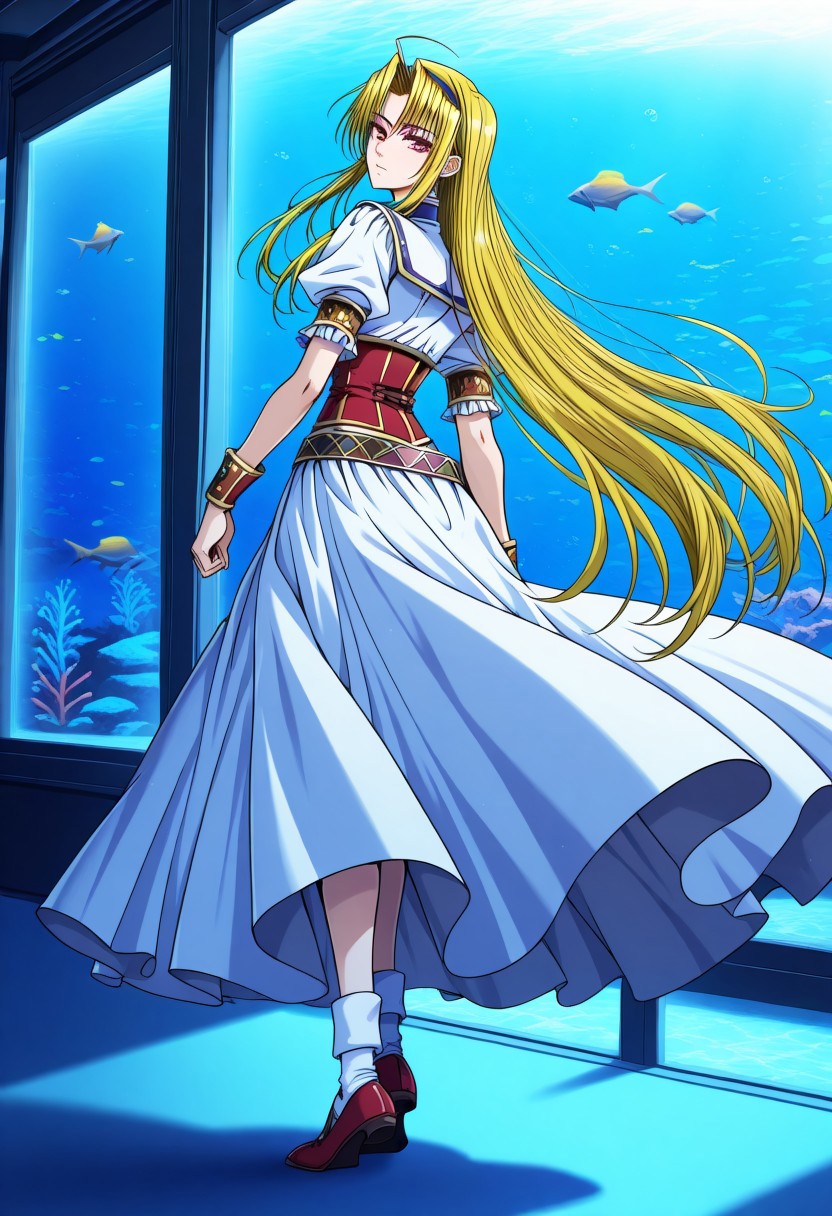masterpiece, best quality, newest, highres, uncensored, 1girl, yokota mamoru style,1girl,
Tifana Luxembur,Ahoge Hair, Blonde Hair, Curtained Hair, Parted in Middle, Sidehair, Straight Hair, Waist Length Hair,Red Eyes,Slim
Arm Cuffs, Decorative Belt, Dress, Gauntlet, 
1girl, solo, fish, long hair, aquarium, dress, looking back, very long hair, red eyes, shoes, socks