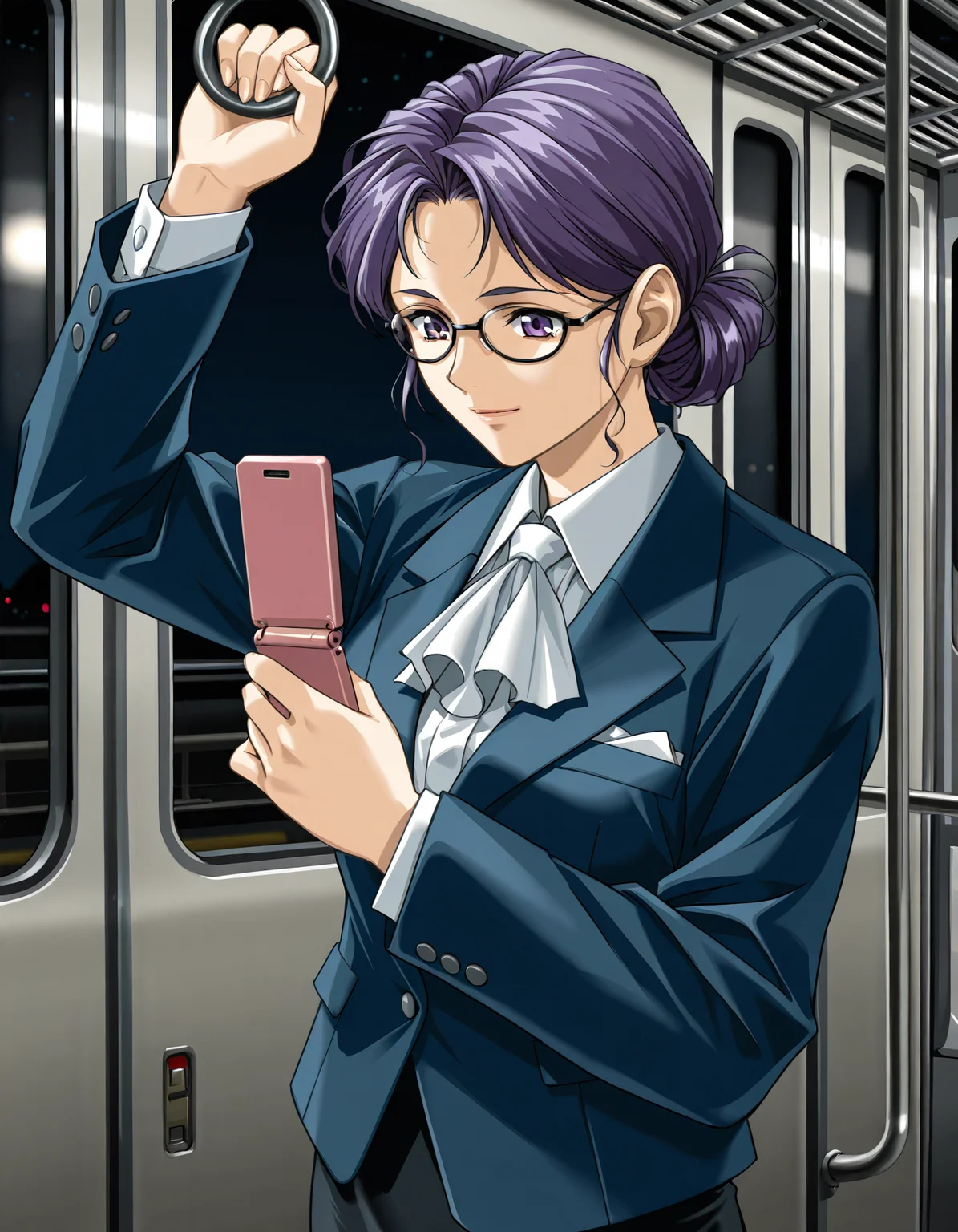 <lora:saku-v9-il-000041:0.75> m1n4m1, purple eyes, glasses, skirt suit, white ascot, black skirt
1girl, solo, looking at phone, light smile, flip phone, arm up, holding hand grip, standing, dark, night, train interior, upper body