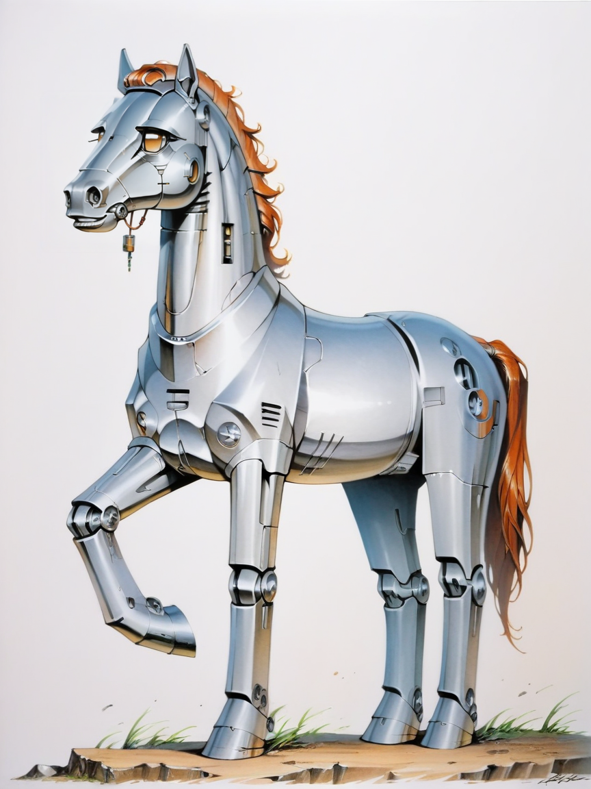 score_9, score_8_up, score_7_up, score_6_up, score_5_up, <lora:cybercoreXLP:0.7> cybercore, science fiction, traditional media, retro artstyle, robot, feral, horse
