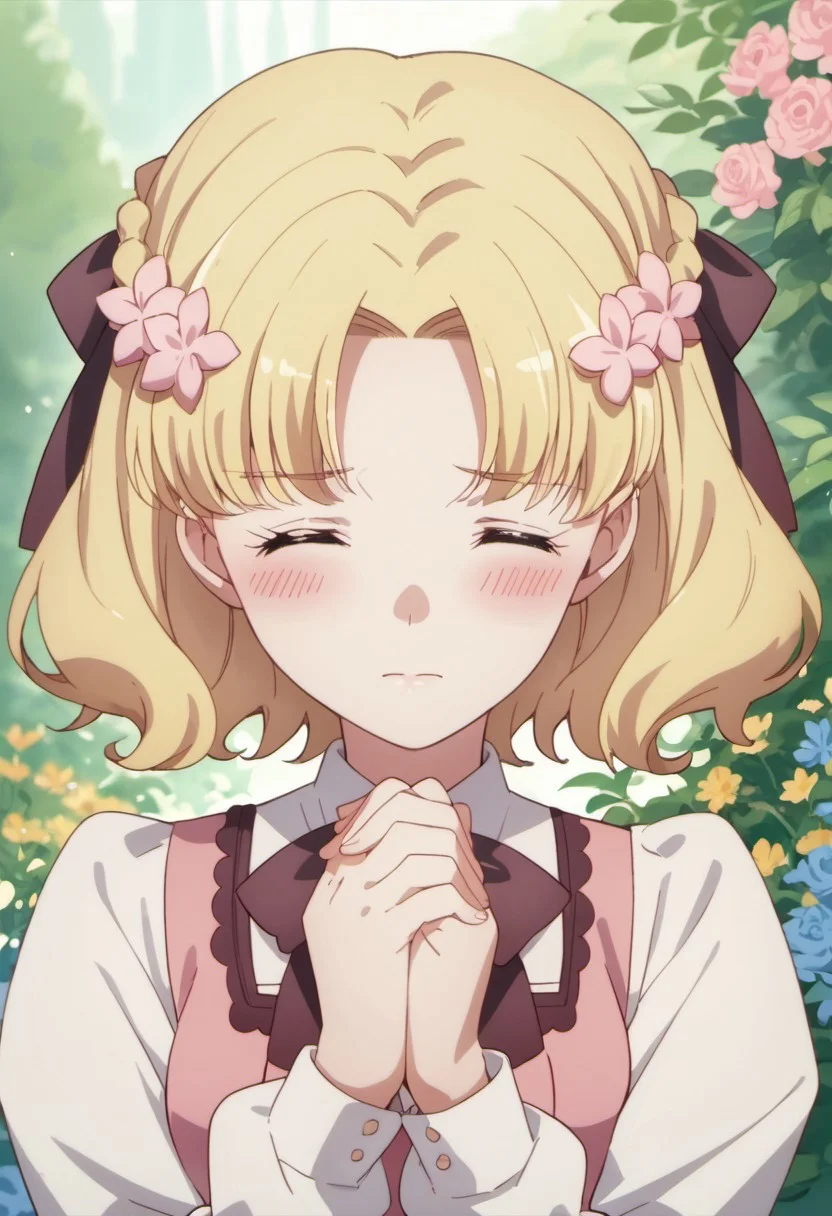 score_9, score_8_up, score_7_up, source_anime, maria campbell, blonde hair, short hair, blue eyes, 1girl, closed eyes, blush, solo, hair ornament, braid, hair flower, own hands together, flower, own hands clasped, bow