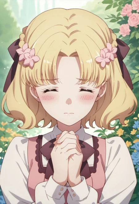 score_9, score_8_up, score_7_up, source_anime, maria campbell, blonde hair, short hair, blue eyes, 1girl, closed eyes, blush, solo, hair ornament, braid, hair flower, own hands together, flower, own hands clasped, bow