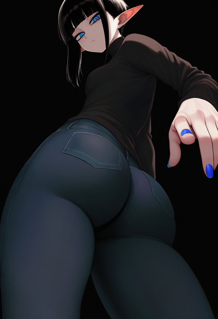 masterpiece, best quality, very aesthetic, high resolution, ultra-detailed, absurdres, newest, extremely detailed eyes, beautiful, perfect lighting, hi res, amazing quality, COLIG_ST, 	1girl, solo, petite, blunt bangs, (very short hair), blue eyes, half-closed eyes, pointy ears, tsurime, ass, asymmetrical sidelocks, black hair, hair behind ear, tight jeans, turtleneck sweater, long sleeves, black sweater, looking at viewer, fisheye, ass focus, close-up, black background, dark theme, best quality, masterpiece, very awa, absurdres, short hair with long locks, fingernails, blue nails, closed mouth, denim, pants, looking down, turtleneck, from below, very awa hime \(style\), jeans, tight clothes, expressionless, sweater