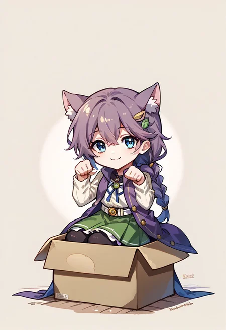 BREAK score_9,score_8_up,score_7_up, emmacs3, crossed belts, green skirt, hair ornament, long sleeves, purple coat, sleeveless long coat, white belt, white shirt, <lora:emma-rebake3:0.9>, blue eyes,b0xe,chibi, in box,sitting,cat ears, paw pose,smile