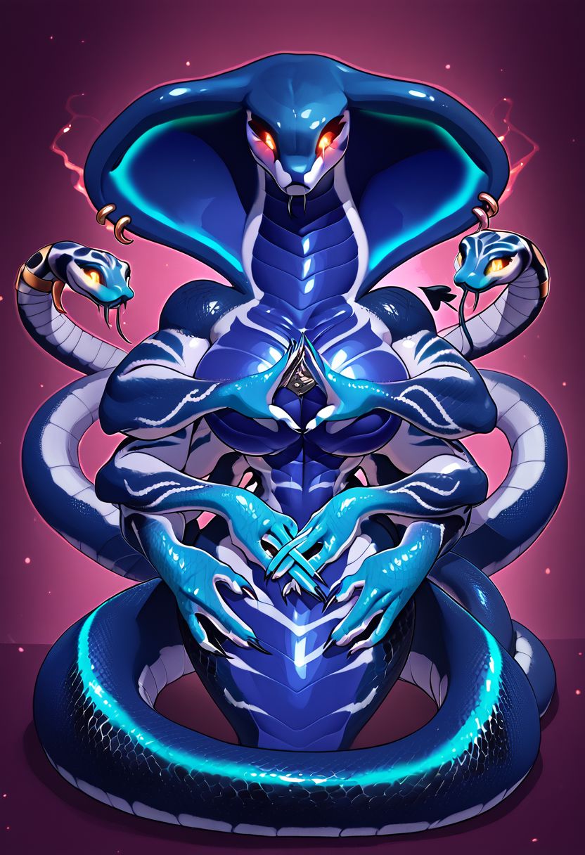 ((by etheross, deathhydra, kalivero, juliathedragoncat, popogori):1.0), ((monster girl, scalie, Snakegirl, snake, cobra, furry, alien, monster, hydra):1.9), ((multicolored skin, dark-blue skin, big scales, black and blue scale, glowing red accents):2.0), ((1girl, extra heads, multiple_head(3heads), ):2.0, extra arms, multiple_arms(4arms), two rows of arms, demon tail, feral legs), furry-specific_piercing, snake_hood_piercing