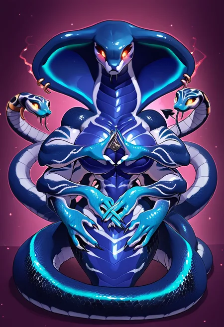 ((by etheross, deathhydra, kalivero, juliathedragoncat, popogori):1.0), ((monster girl, scalie, Snakegirl, snake, cobra, furry, alien, monster, hydra):1.9), ((multicolored skin, dark-blue skin, big scales, black and blue scale, glowing red accents):2.0), ((1girl, extra heads, multiple_head(3heads), ):2.0, extra arms, multiple_arms(4arms), two rows of arms, demon tail, feral legs), furry-specific_piercing, snake_hood_piercing