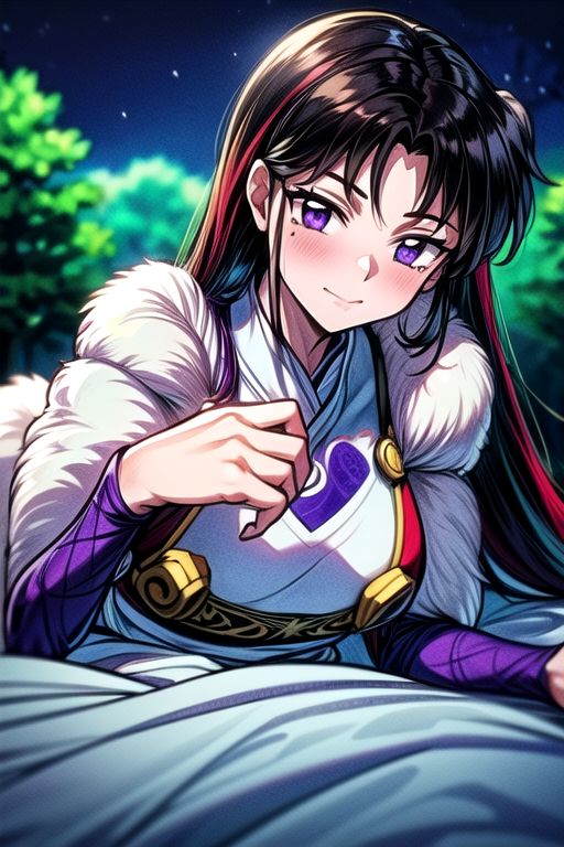 masterpiece,  best quality 1girl Setsun4 solo long hair,  (night time) forest background black hair very long hair purple eyes multicolored hair armor (fur trim) (medium body),<lora:EMS-179-EMS:0.800000>,<lora:EMS-293862-EMS:0.800000> bow, hair_bow, hair_tubes, red_bow, brown_hair, long_hair, bangs, ascot, frilled_bow, yellow_ascot, blush, smile, hair_between_eyes, athletic, armor, miko, ,(((intricate outfit,intricate clothes,embroidered outfit,ornate outfit,embroidered clothes,ornate clothes))), laying down, lying down