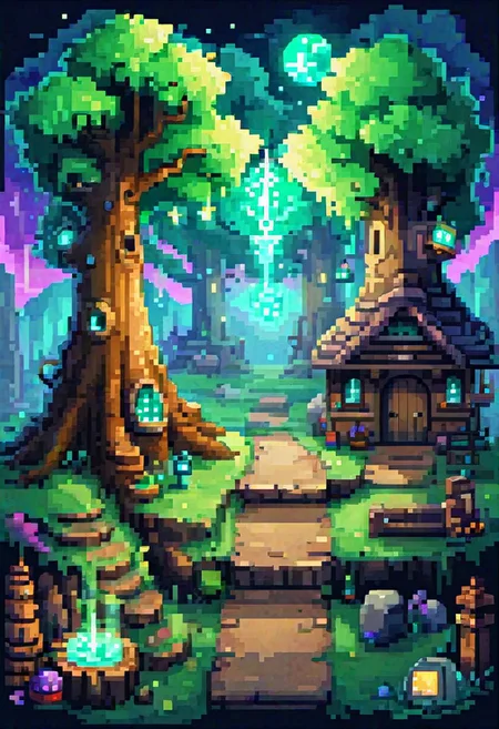 pixel-art, Reference_sheet, sprite_sheet, props, fornitures, game_assets, digital_art, ilustration, watercolor_(medium), houtline, wide_angle, hd, 4k, 1tree, 1spirit, 1ghost, cute_ghost, ancient_tree, purples_lights, aqua_lights, (a magical tree),  hilltop, poplar, fireflies, carnival, (decoration), pennants, (flags), torches, pennants,  radiant_yellowstone, gemstones, everyone, multiples_creatures, creatures, intrincate_tree, struggle_tree, halloween_theme, horror_(theme), curve_tree, white background, (high_angle_view), (top-down_view)