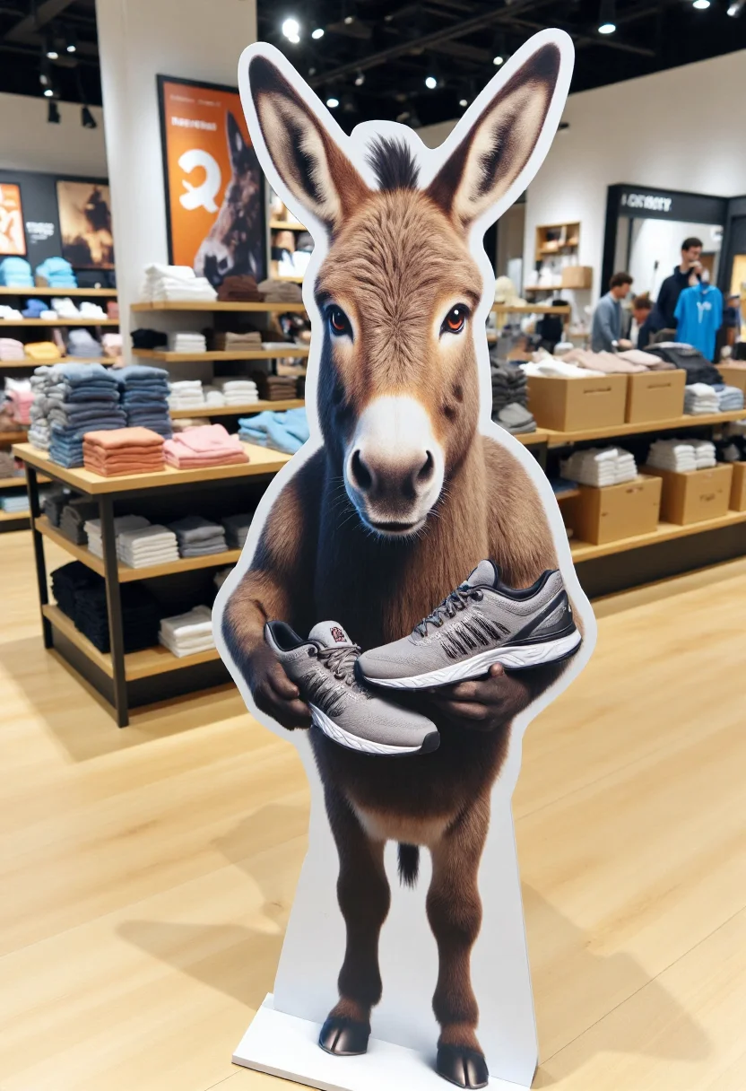 <lora:Cardboard_Cutout_Creator_FLUX-000021:0.9>
The image is a high-resolution photograph taken inside a retail store, showcasing a large, detailed, 3D cardboard cutout of a donkey that is holding running shoes