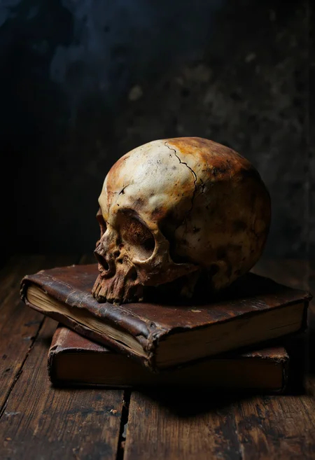 Rembrandt Lighting. A photo-realistic still life shoot from a frontal camera angle about a human skull resting on a stack of old books, with a dark, smoky background. the image also shows a soft, warm light illuminating the scene. on the middle of the image, a single human skull is placed on top of an old, worn, brown leather-bound book. the skull appears to be in a state of decay, with visible cracks and a slightly wrinkled texture on its surface. the book is open, with the spine facing upwards, and the pages are slightly yellowed, indicating that it has been used for a long time. the background is dark and smoky, with hints of rust and decay. the overall mood is somber and eerie, creating a sense of mystery and foreboding.