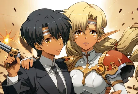 masterpiece, best quality, high quality, aesthetic, absurdres, insanely detailed, 1girl,  Sonia_langrissera¡, blonde hair, long pointy ears, breasts, elf, 1990s (style), dark-skinned female, dark skin, dark elf, headband, yellow eyes, 1boy, holding gun, red eyes, blonde hair, black hair, gloves, aiming at viewer, handgun, braid, open mouth, long hair, formal, short hair, blue eyes, hug, white gloves, blush, hetero, holding, suit, looking at viewer, happy, smiling, revolver, white dress, couple, hands on own chest, ,  frills, long sleeves, serious, upper body, finger on trigger, firing, bullet hole, half updo, foreshortening, <lora:chuo-higashi-guchi-style-xl_v1.0:1>