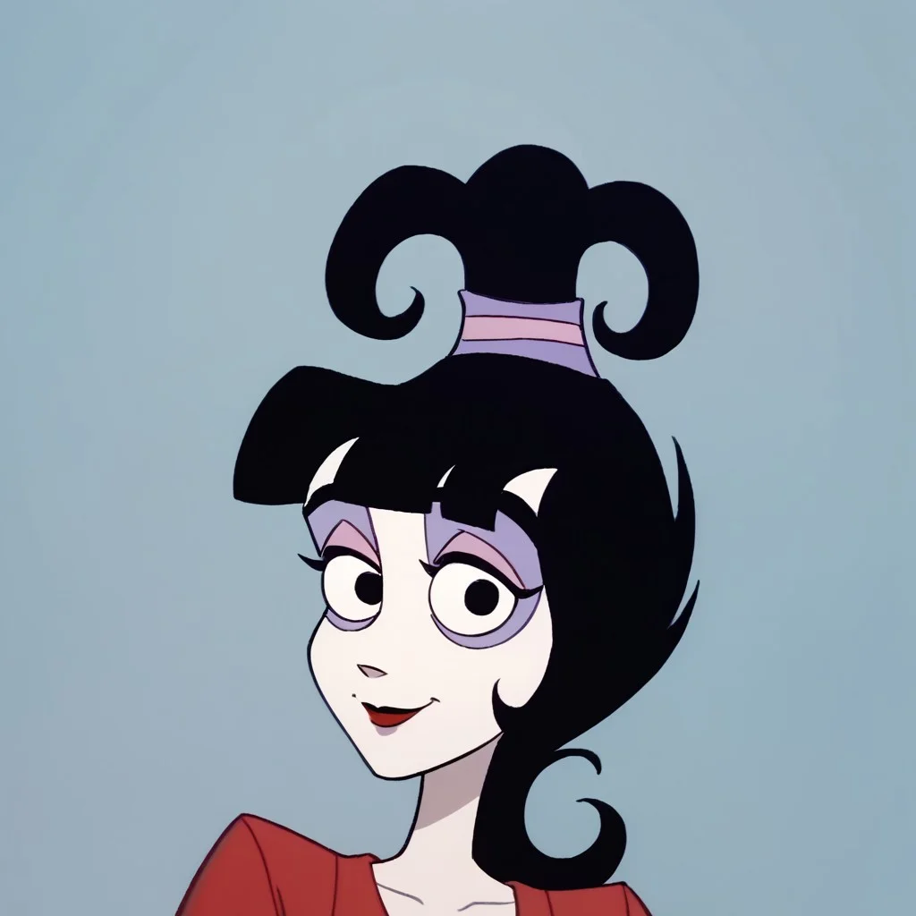 score_9, score_8_up, score_7_up BREAK LydiaDeetz, 1girl, black hair, blunt bangs, black eyes, ponytail, purple pink ponytail scrunchie, red lipstick, pink eyelids, purple eyeshadow, red poncho, smiling at viewer,