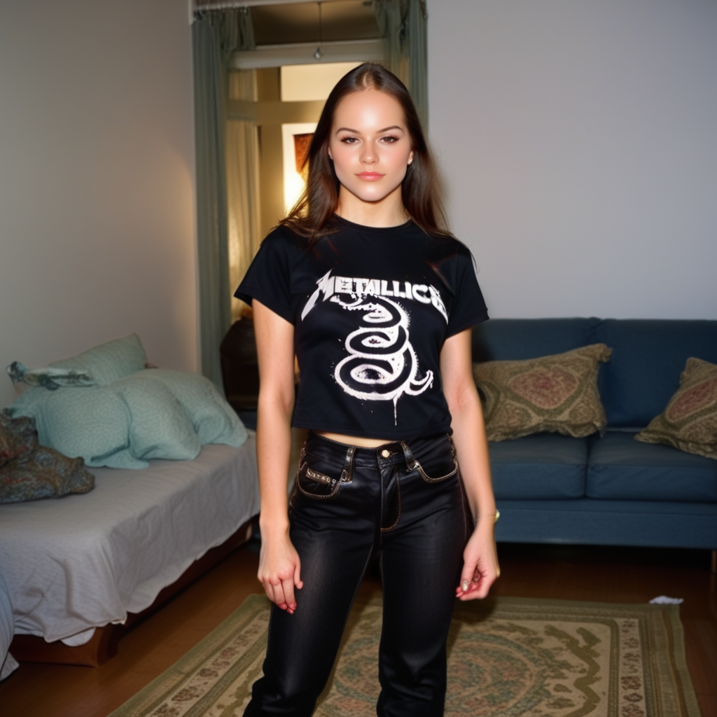 1girl, wearing a Metallica t-shirt, metallica logo, metallica_coffin design, she has black jeans, boots, she is at a night party, ultra quality, ultra detailed, 8k ,  kxkx, 
metallica_black, mtbl <lora:bettyramona-pony:0.8>br34 <lora:Rock__Metal_T-shirts_Metallica_-_Black_-_Pony_-000012:0.9>