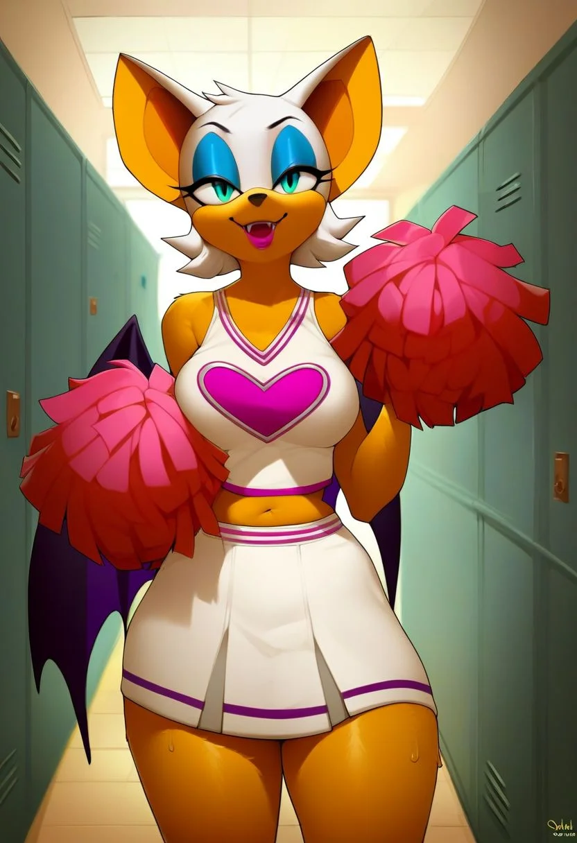 score_9, score_8_up, score_7_up, score_6_up, score_5_up, score_4_up, Rouge the bat, Anthro, furry, Clothed, medium breasts, 1girl, female, cheerleader outfit, School, at school, , looking at viewer, Standing, opening a locker, Marblesoda_style