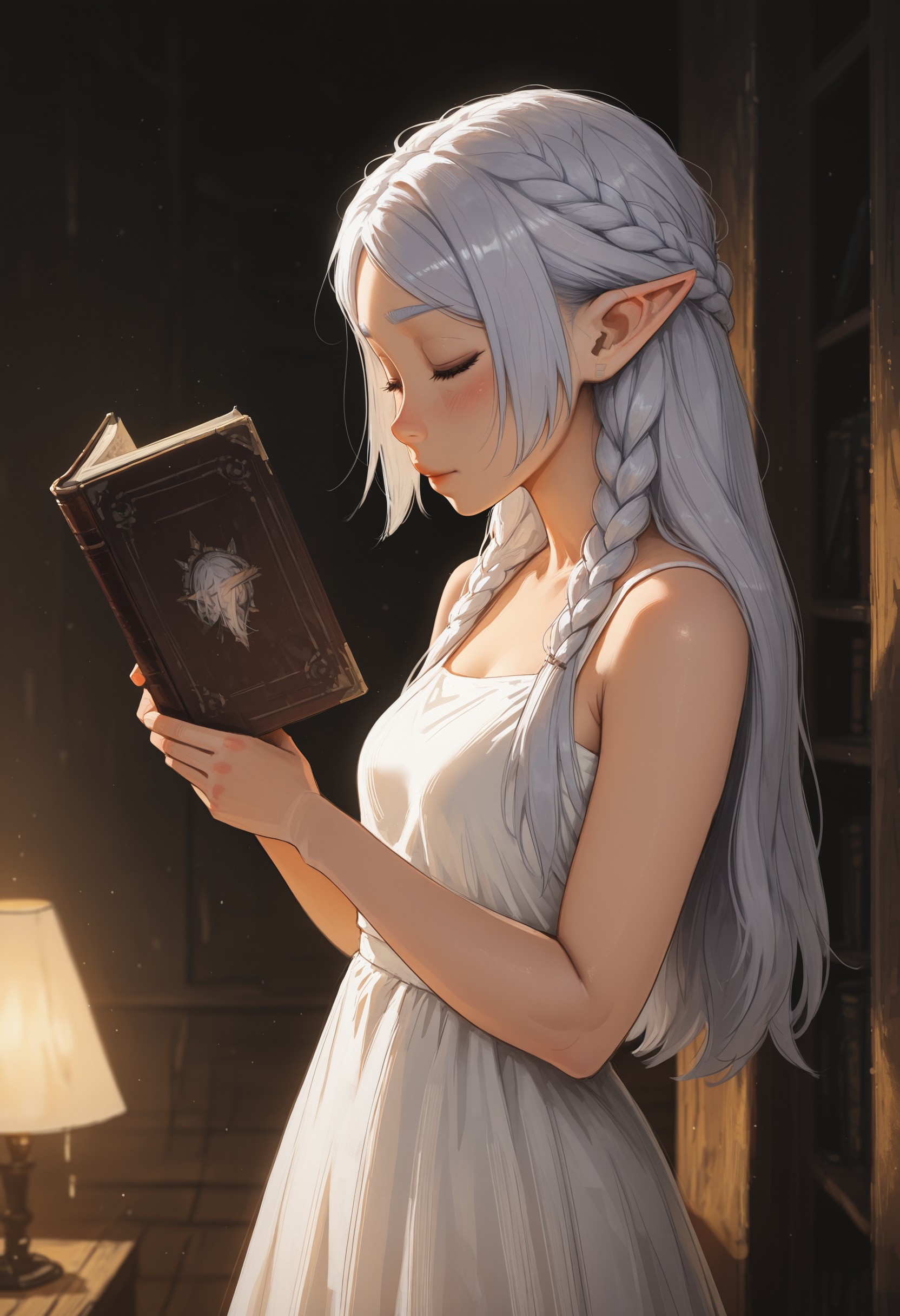smyg2, frieren, 1girl, alternate_hairstyle, bare_arms, bare_shoulders, blush, book, braid, closed_eyes, closed_mouth, double-parted_bangs, dress, elf, from_side, holding, holding_book, long_hair, official_alternate_costume, pointy_ears, sidelocks, single_braid, sleeveless, sleeveless_dress, white_dress, white_hair, detailed-lighting, masterpiece, best quality, amazing quality, best resolution, incredibly absurdres, 4k, latest, <lora:b0aac5e5-3a20-4884-83b0-1b95c70e6b79:0.9>