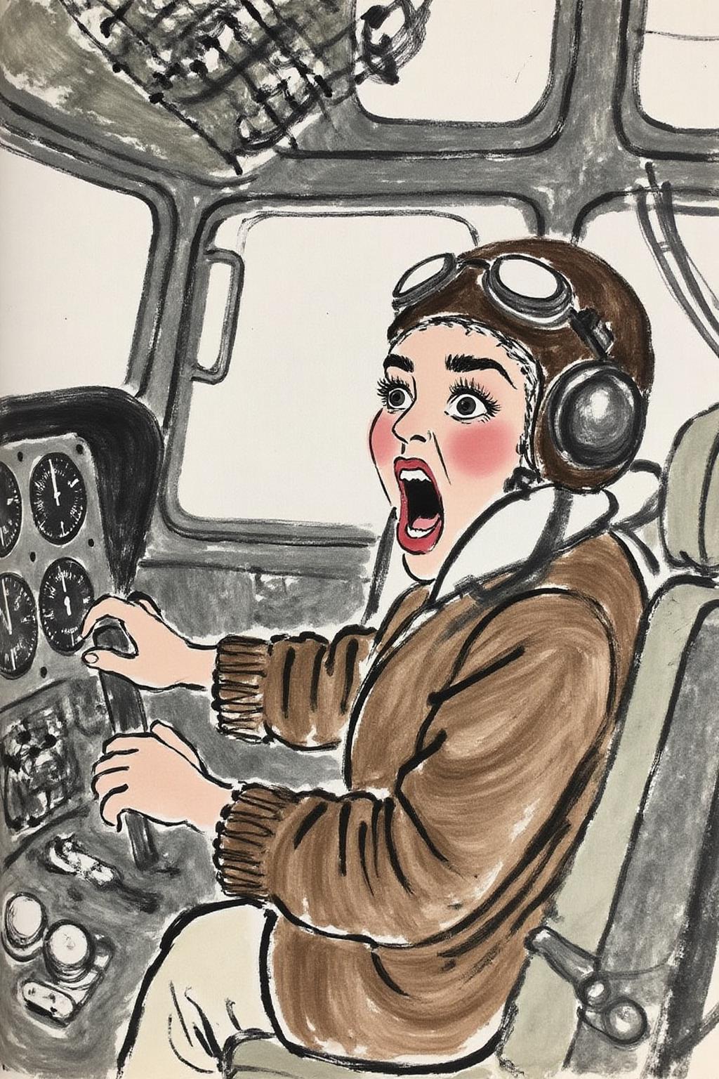 qbs1 ink wash painting
 A female pilot screaming inside the cockpit of a World War II bomber. The pilot, wearing a vintage leather flight helmet with goggles and a bomber jacket, grips the controls with white-knuckled hands. Her face is contorted in a mix of fear and determination as she yells, her eyes wide with adrenaline. The cockpit is cramped and filled with old-fashioned dials and gauges,  <lora:qbs1_cap_d6a3e12:1.0><lora:818430538504290150:0>