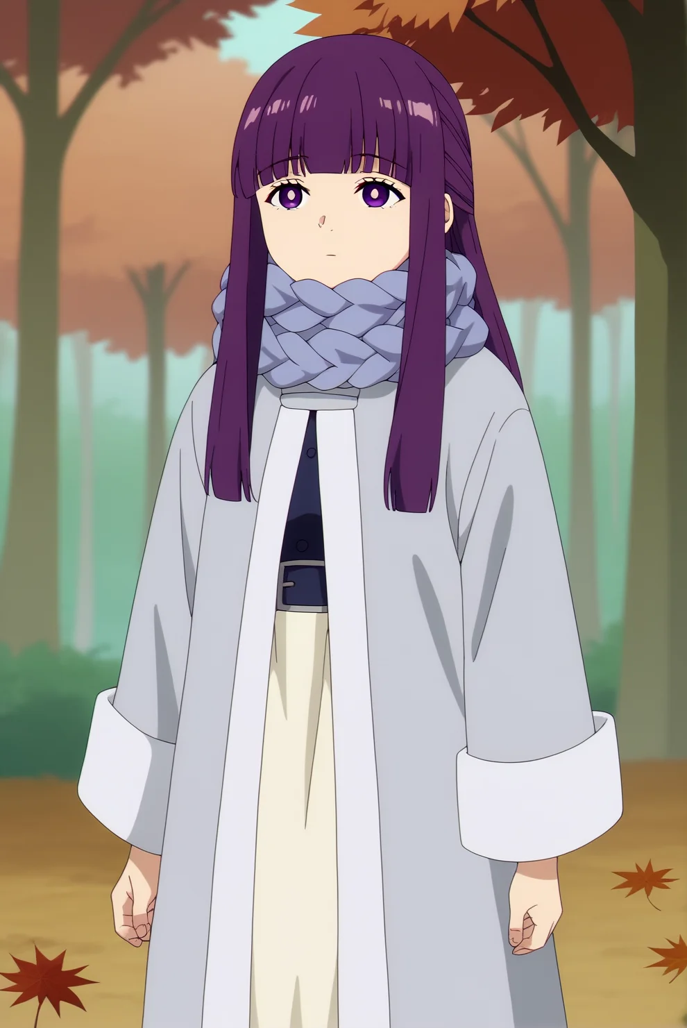 score_9, score_8_up, score_7_up, score_6_up, score_5_up, score_4_up, source_anime,anime screencap,anime coloring BREAK fern,mature,1girl,solo,bangs,long purple hair, purple eyes, dark-blue, long-sleeved dress, braided scarf,blunt bangs, nature, outdoors, autumn trees,forest,leafs, expressionless, bright pupils, white pupils,cowboy shot,consistent background <lora:Fern - PDXL.safetensors:0.8>