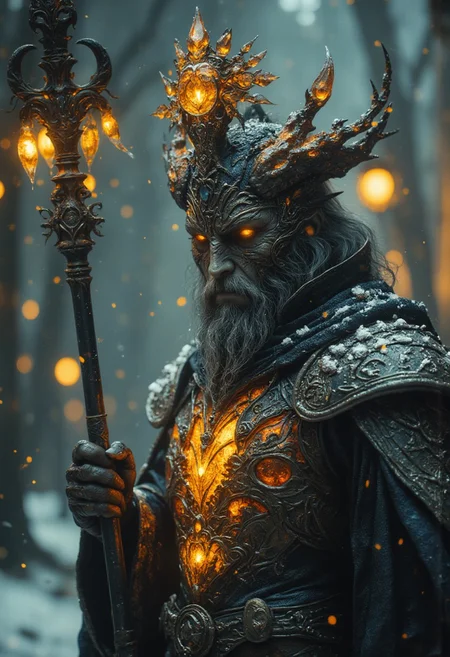 Extreme Upper Body Closeup Portrait, Vibrant Amber and golden-black color graded, AmanoER, analog Photo of a wizard with a staff full of crystals, the crystals are round golden amber, hkevil ninja-goddess, action pose, featuring a stylized, a ninja with translucent Amber ice-based powers. He is depicted standing in a snowy, shadowy background., giving an action pose, Casting a spear Made of ICE and frost. The blue dark-orange-yellow outlines and defines the character's muscular physique, ornate suit of armor. The armor includes a translucent amber and black chest piece with intricate Design.